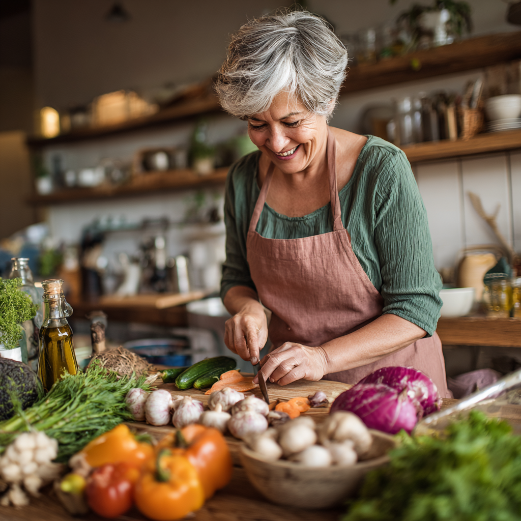 50 years old woman creating personalized meal plan with fresh ingredients