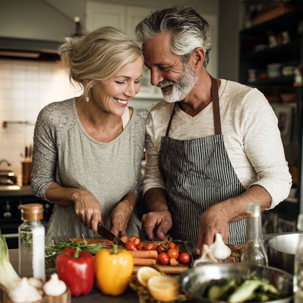 51 years old couple cooking healthy meal together in kitchen