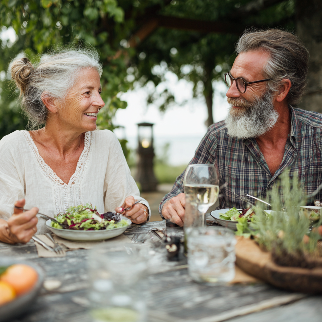 Happy 52 years old sharing healthy homemade meal outdoors together